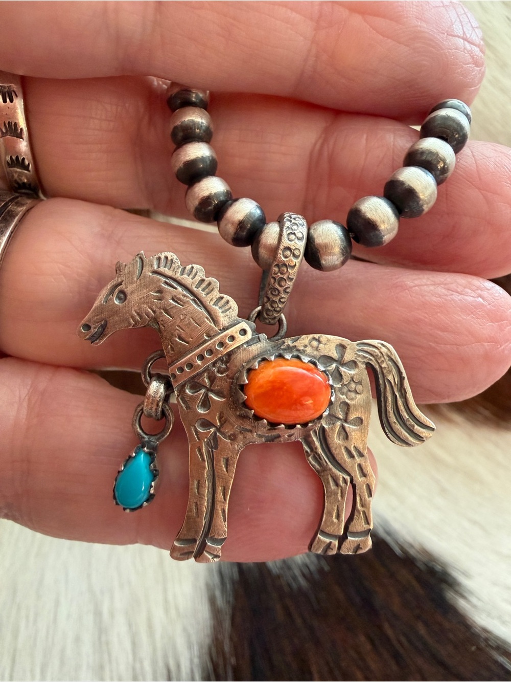 ❤️ Hand Stamped Sterling Horse Pendant w Orange Spiny Oyster & Kingman Turquoise